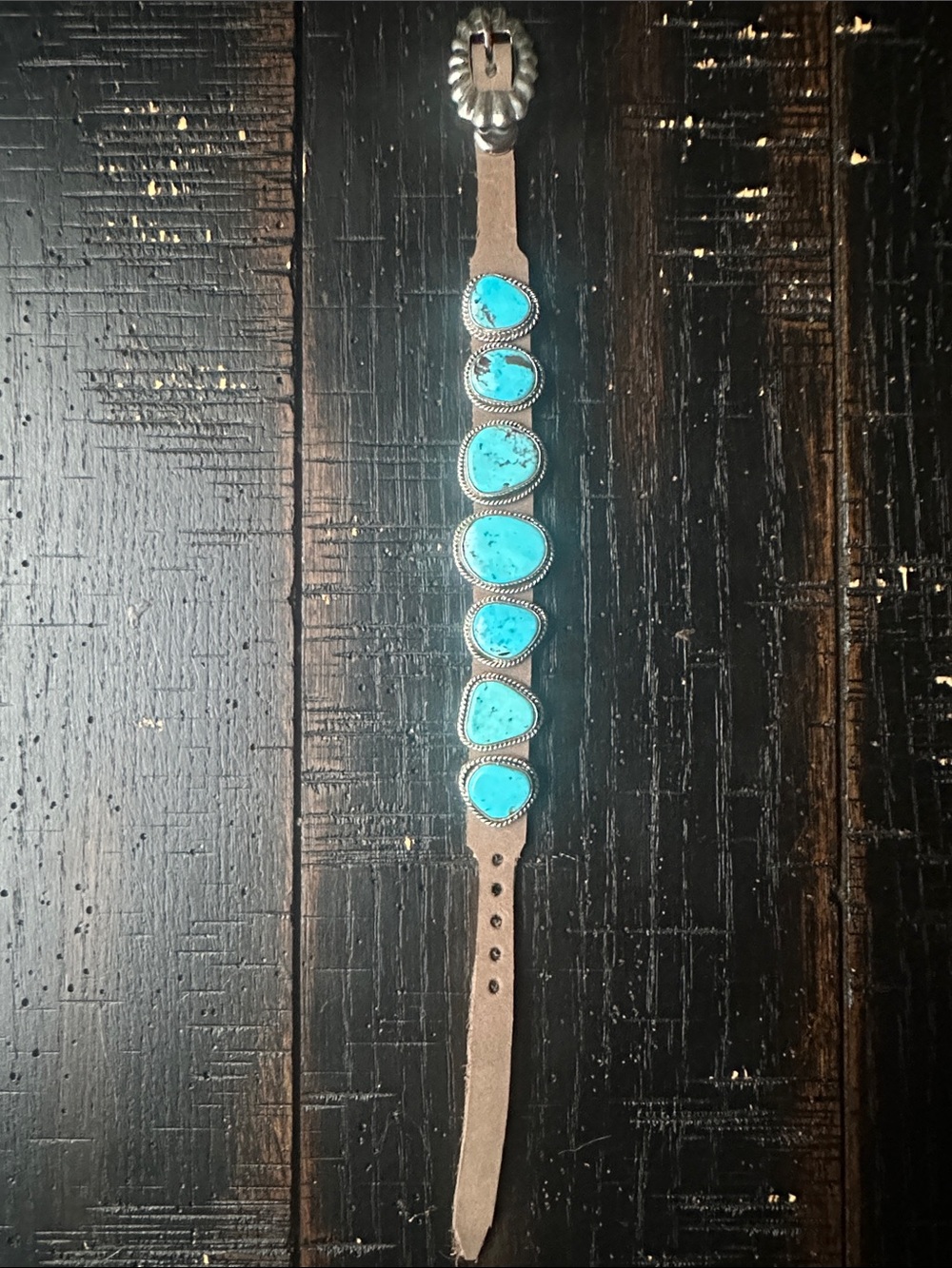 Navajo Dan Morgan Turquoise & Leather Sterling Silver Bracelet - Picture 5 of 7